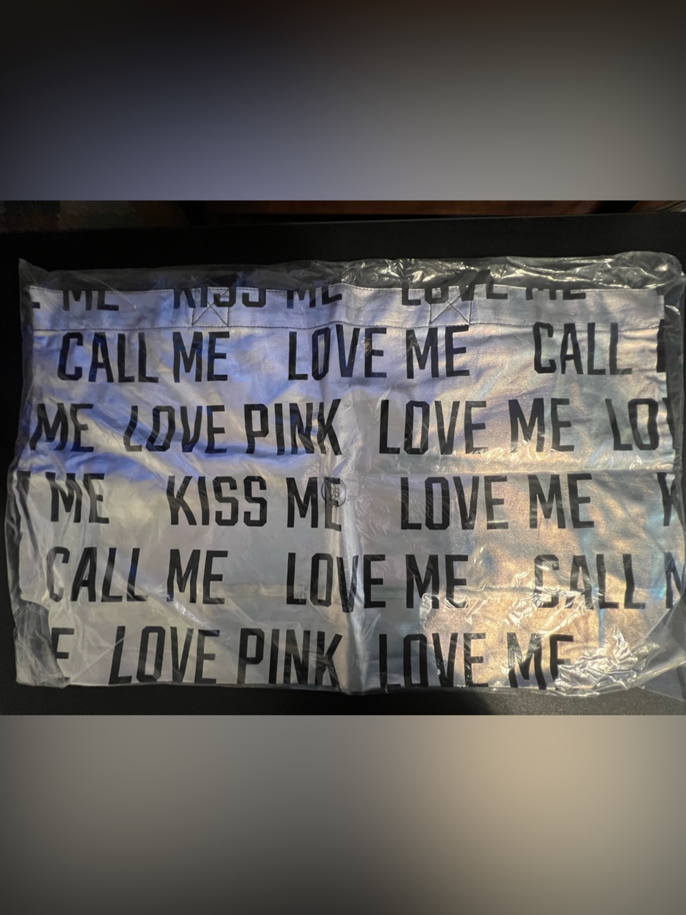 NWT PINK Victoria's Secret Iridescent Silver Tote with Black Text